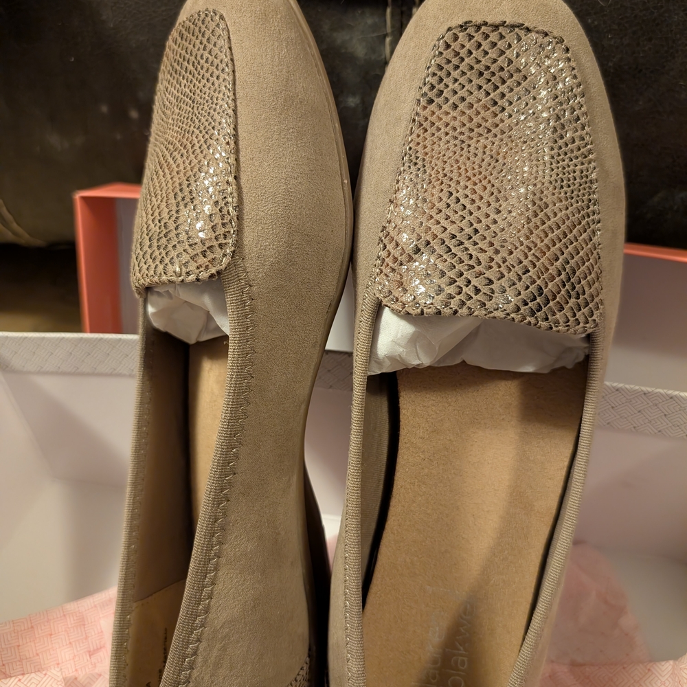 Clarks Taupe Loafers with Snakeskin Accent